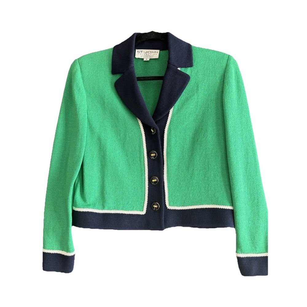 ST. JOHN Women's Size 4 Kelly Green W/ Navy Accents Short Knit Blazer Jacket EUC - Picture 2 of 10